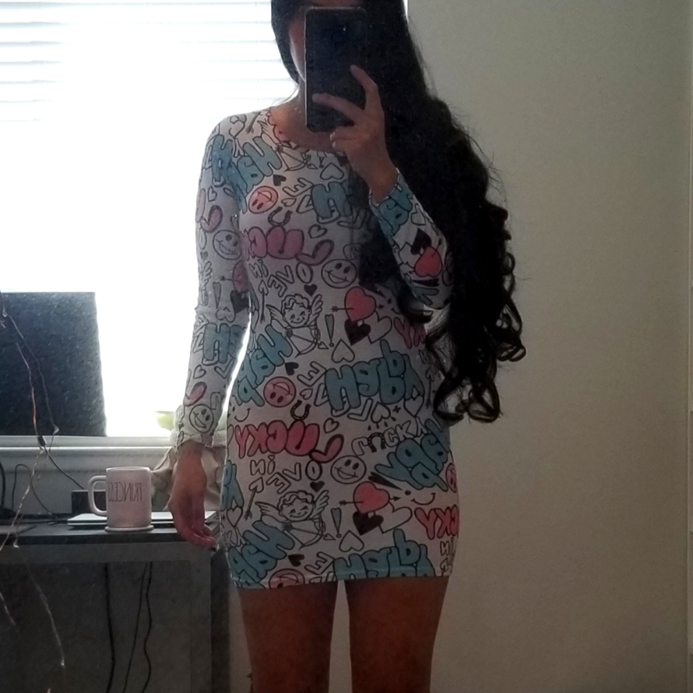 Boohoo Happy Lucky Cartoon Long Sleeve Mini Dress